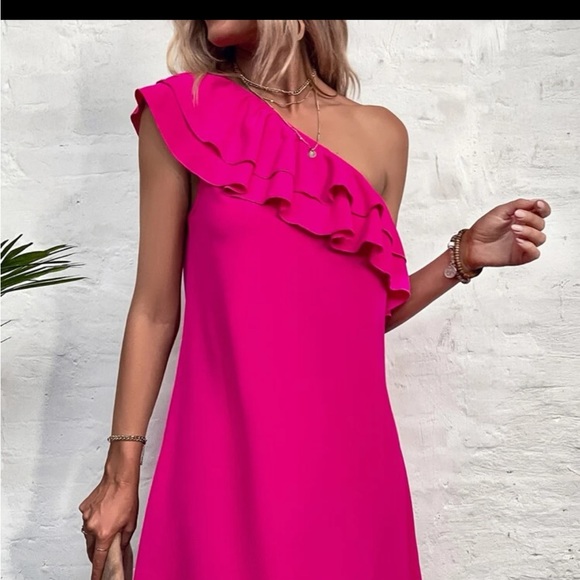 Women’s One Shoulder Layered Ruffle Trim PINK Tunic Dress Sz XL - Picture 2 of 6
